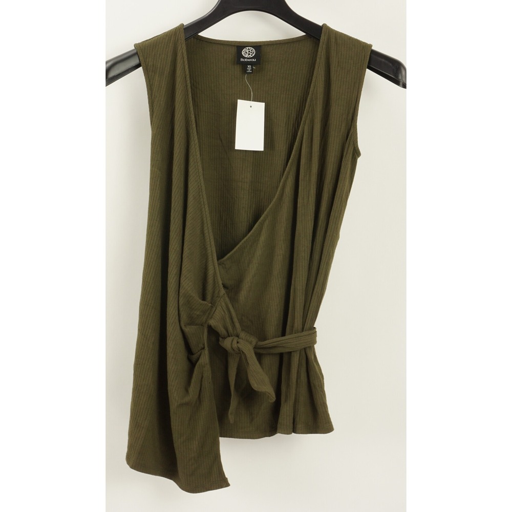 New Bobeau Women's XS Green Rib Knit Surplice V-Neck‎ Sleeveless Tie Waist Top